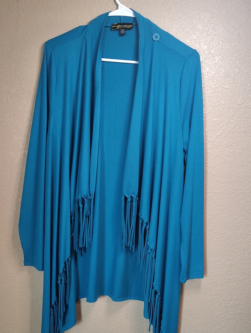 Serena Williams Teal Fringe Open Front Wrap Cardigan Sweater Size M